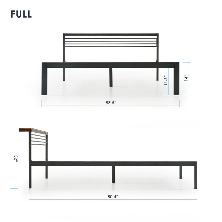 Mellow HYLLE Metal & Wood Platform Bed Frame with Low Headboard Shelf, Full