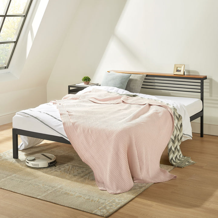 Mellow HYLLE Metal & Wood Platform Bed Frame with Low Headboard Shelf, Full