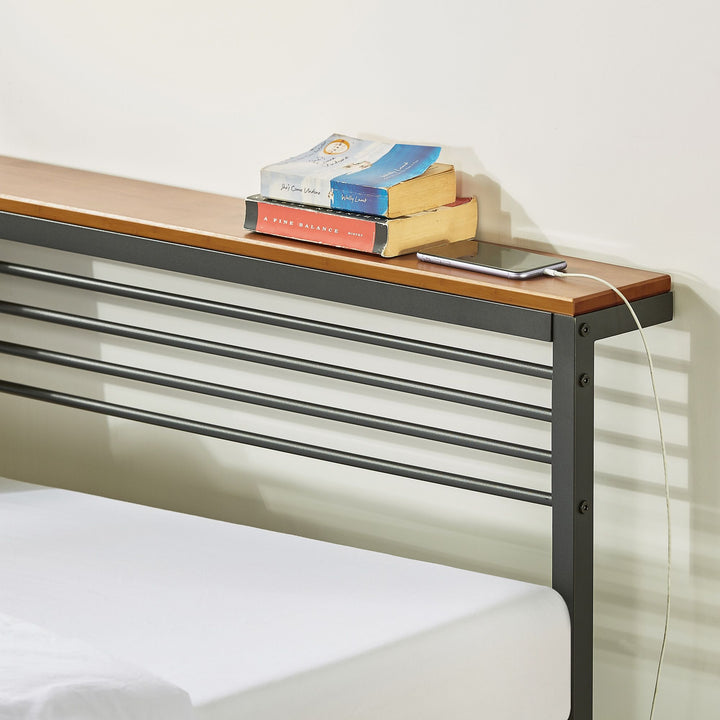 Mellow HYLLE Metal & Wood Platform Bed Frame with Low Headboard Shelf, Full