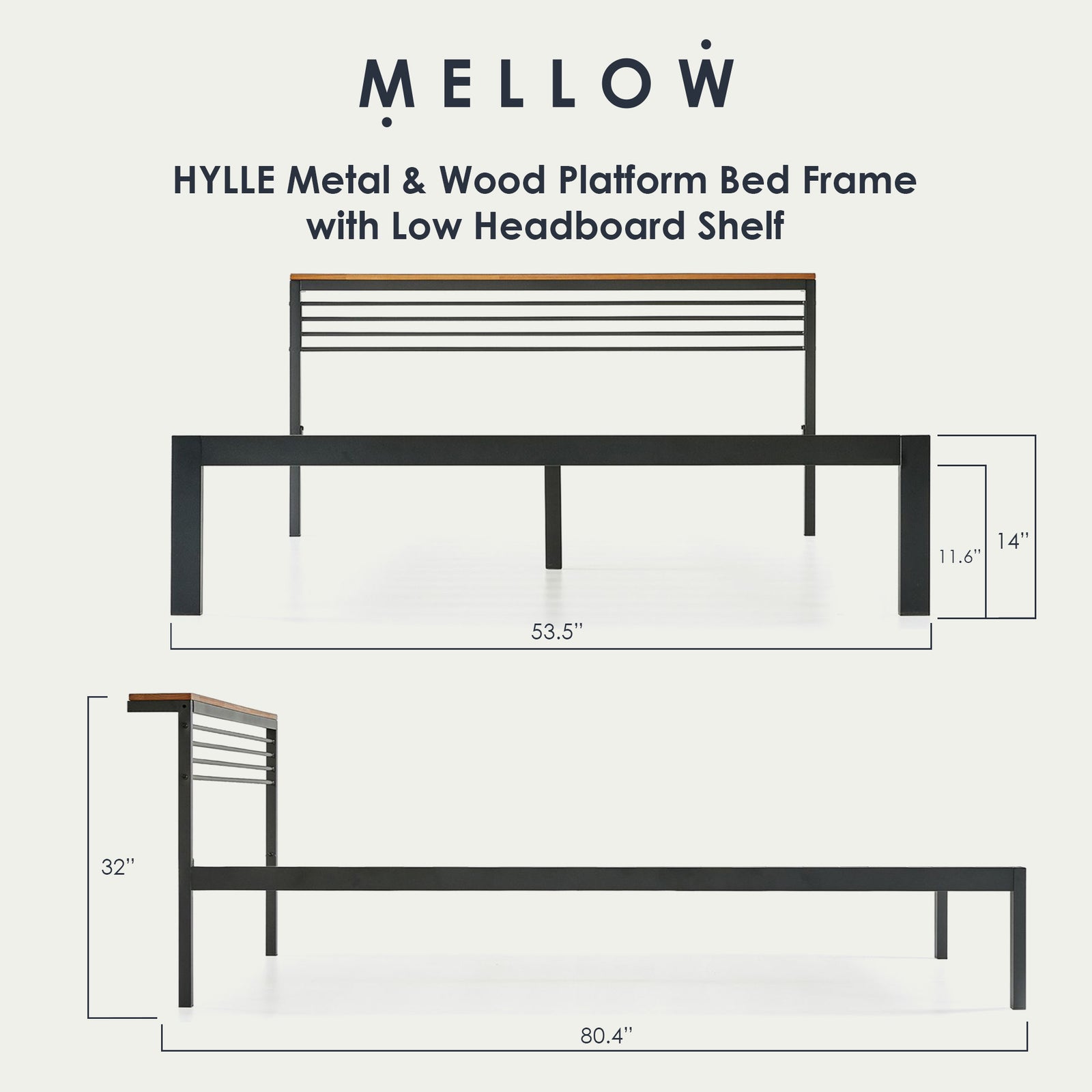 Mellow HYLLE Metal & Wood Platform Bed Frame with Low Headboard Shelf, Full - VMInnovations