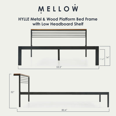 Mellow HYLLE Metal & Wood Platform Bed Frame with Low Headboard Shelf, Full - VMInnovations