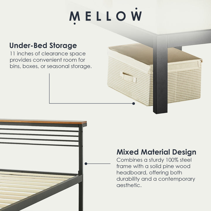 Mellow HYLLE Metal & Wood Platform Bed Frame with Low Headboard Shelf, Full