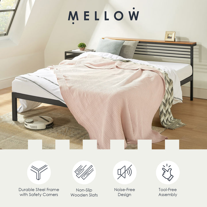 Mellow HYLLE Metal & Wood Platform Bed Frame with Low Headboard Shelf, Full
