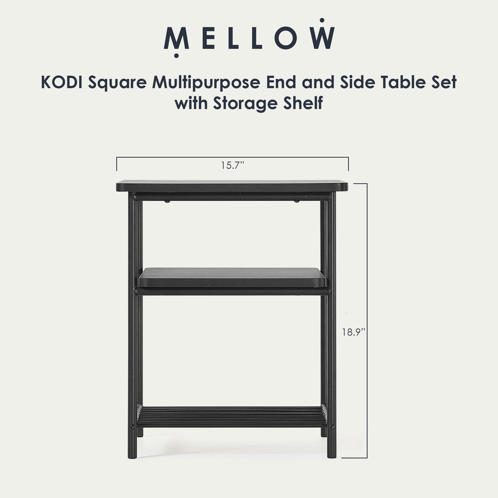 Mellow KODI Square Multipurpose End and Side Table Set with Storage Shelf, Black - VMInnovations