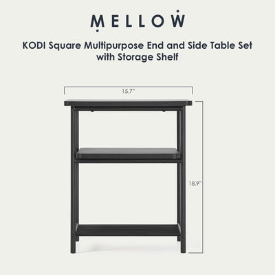 Mellow KODI Square Multipurpose End and Side Table Set with Storage Shelf, Black - VMInnovations