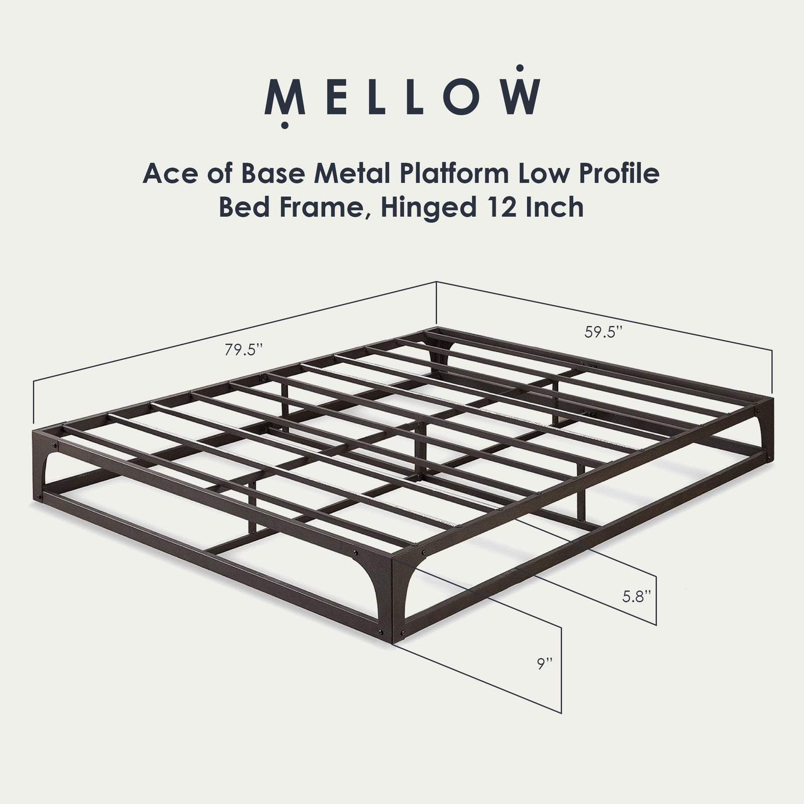 Mellow Ace of Base Metal Platform Low Profile Bed Frame, Hinged 12 Inch, Queen - VMInnovations