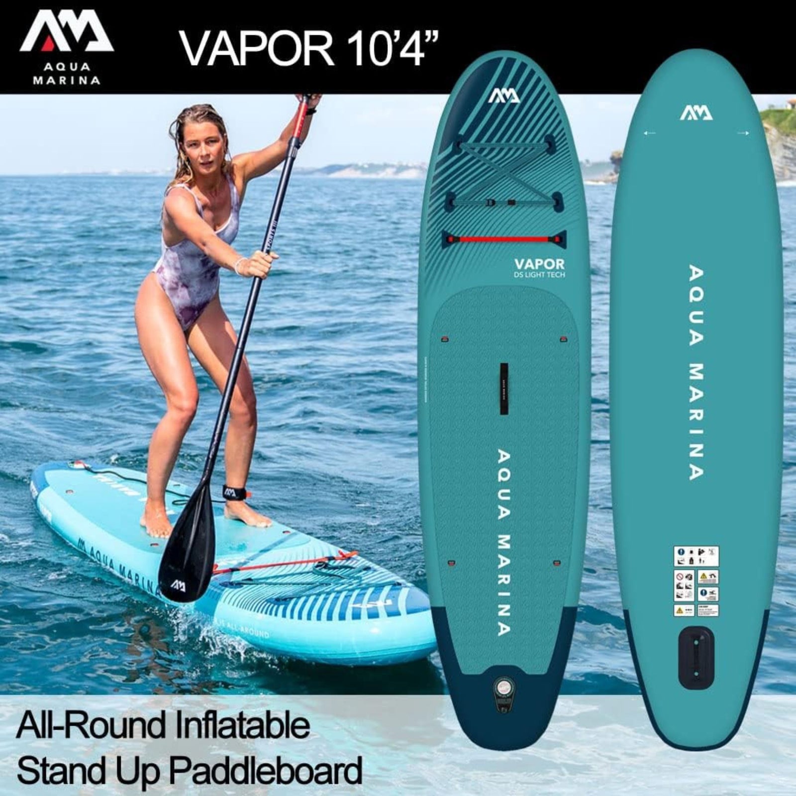 Aqua Marina Vapor Inflatable Paddle Board, Pump, Backpack, Leash, Light Blue - VMInnovations