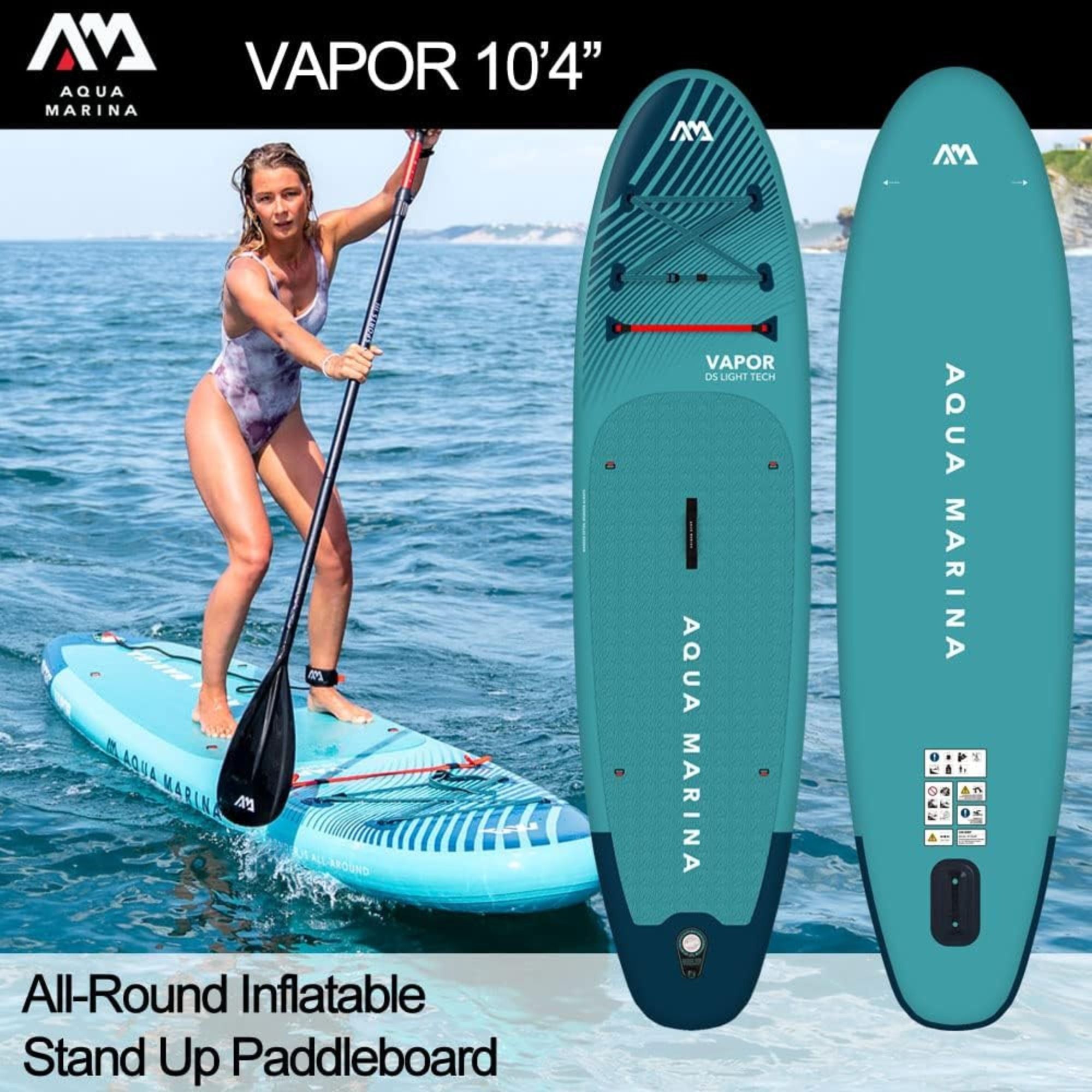 Aqua Marina Vapor Inflatable Paddle Board, Pump, Backpack, Leash, Light Blue - VMInnovations