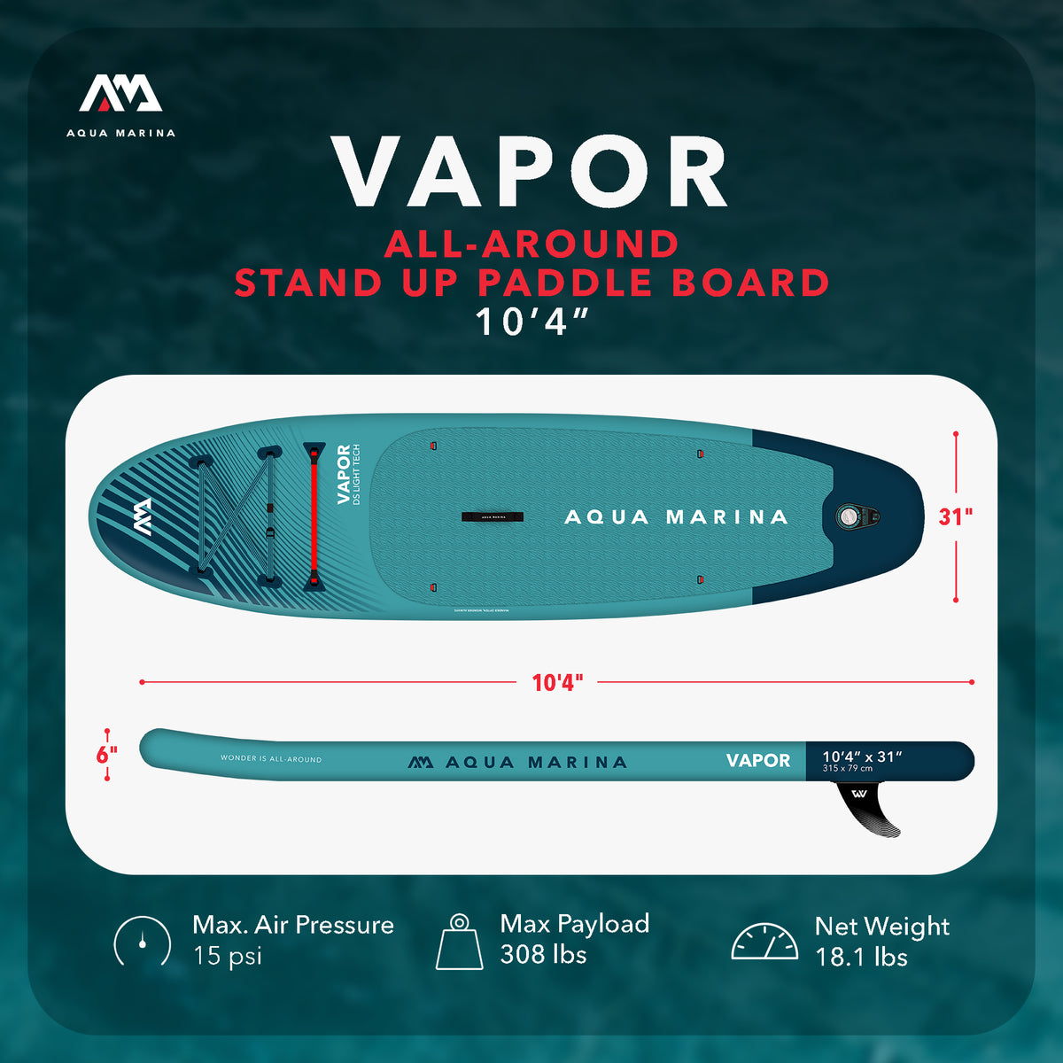 Aqua Marina Vapor Inflatable Paddle Board, Pump, Backpack, Leash, Light Blue - VMInnovations