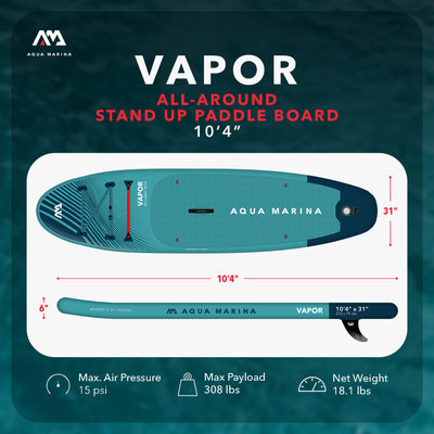 Aqua Marina Vapor Inflatable Paddle Board, Pump, Backpack, Leash, Light Blue - VMInnovations