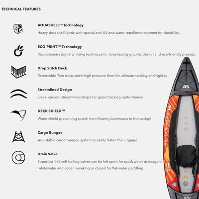 Aqua Marina Touring Inflatable Kayak and Paddle Pump, Seat & Bag, Black/Orange - VMInnovations