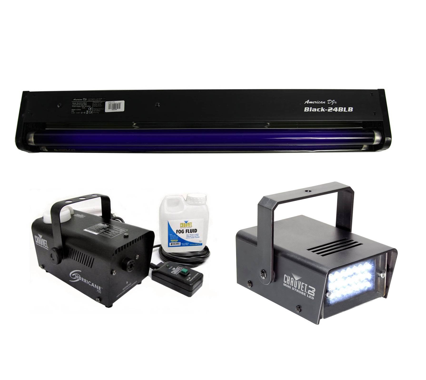 AMERICAN DJ BLACK-24BLB 24" UV Blacklight + CHAUVET Strobe Light + Fog Machine