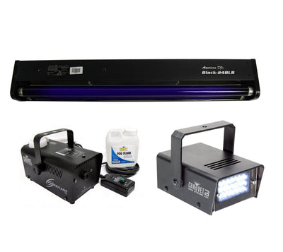 AMERICAN DJ BLACK-24BLB 24" UV Blacklight + CHAUVET Strobe Light + Fog Machine