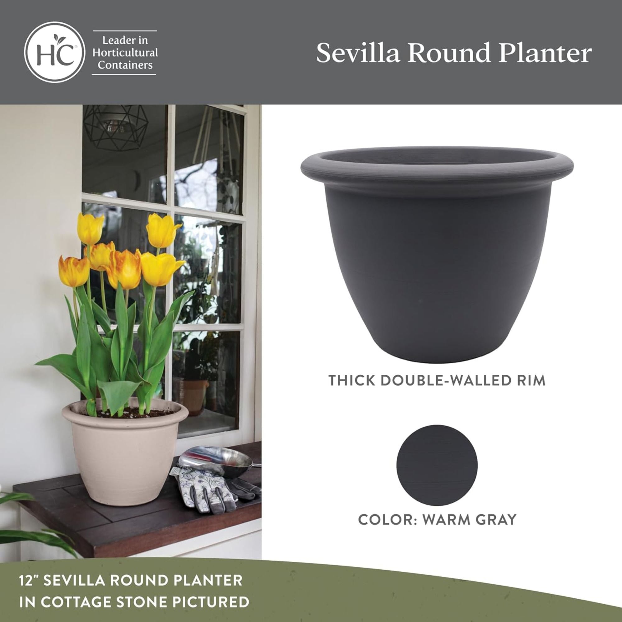 The HC Companies Sevilla Self-Watering Pot with Internal Disk 12 Inch, Warm Gray - VMInnovations