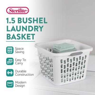 Sterilite Laundry Basket, 1.5 Bushel Plastic Hamper with Handles, White, 12 Pack