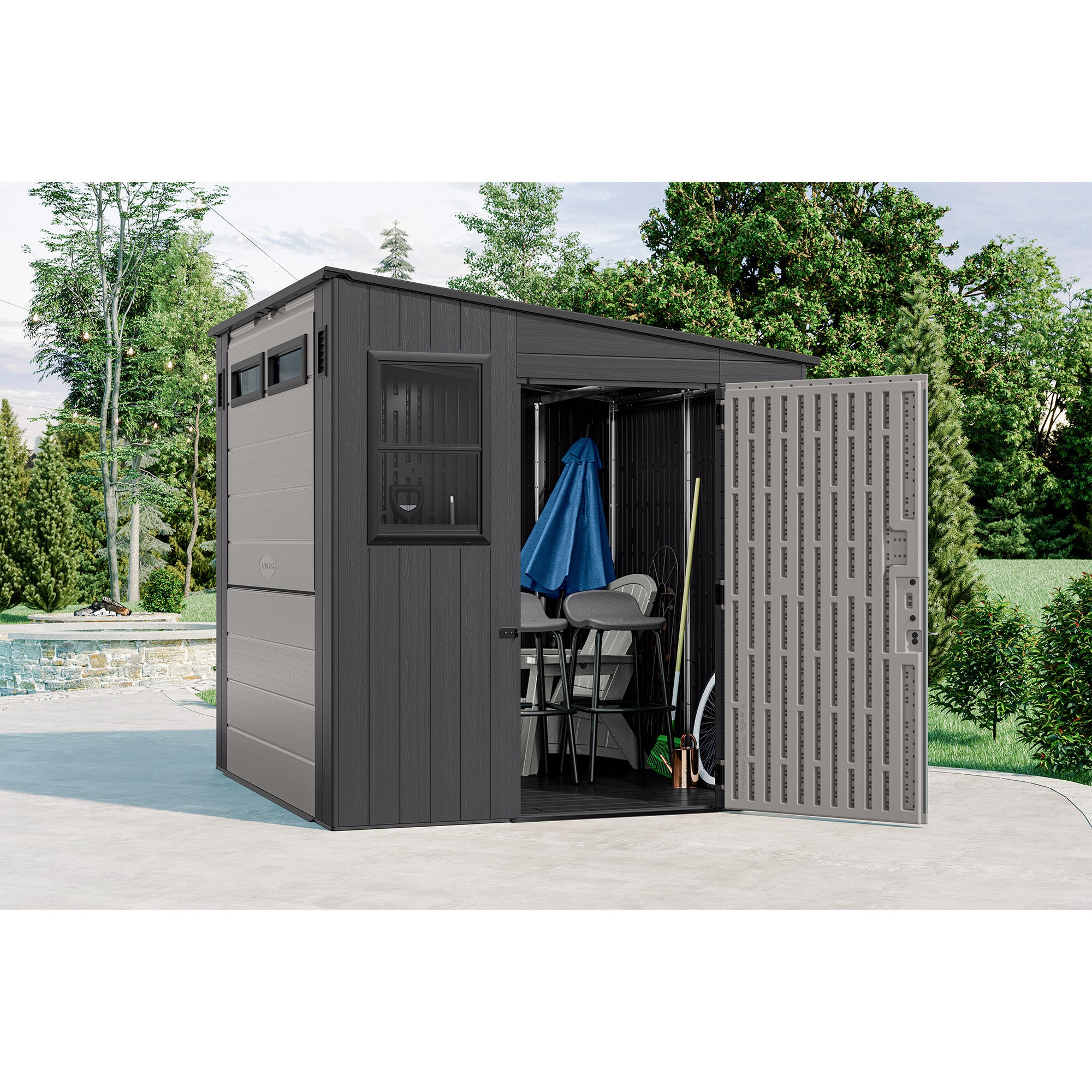 Suncast 8' x 7' Cabana Entertainment Storage Shed, All-Weather Shelter, Gray