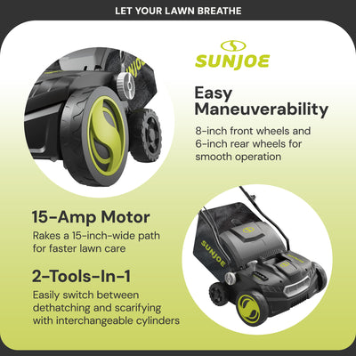 Sun Joe 15" Battery Powered Dethatcher Scarifier with 13.2 Gallon Bag (Open Box) - VMInnovations