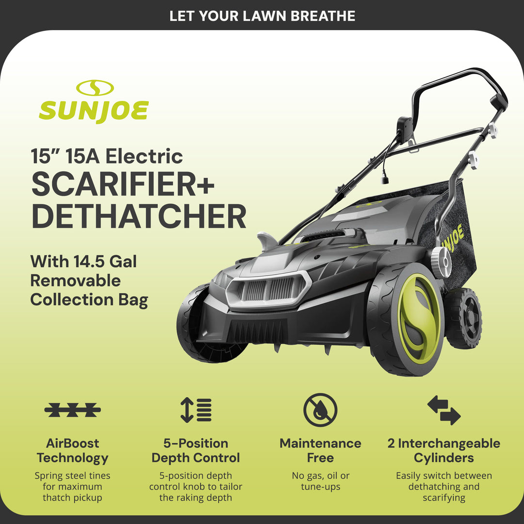 Sun Joe 15" Corded Electric Dethatcher Scarifier w/13.2gal Bag 15 Amp(For Parts)