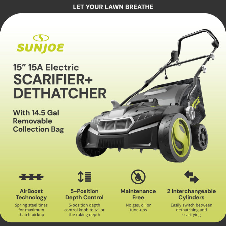 Sun Joe 15" Corded Electric Dethatcher Scarifier w/13.2gal Bag 15 Amp(For Parts)