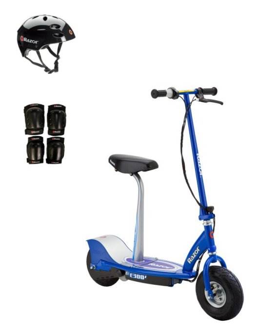 Razor E300S Adult High-Torque Electric Power Scooter w/Seat, Helmet & Pads, Blue