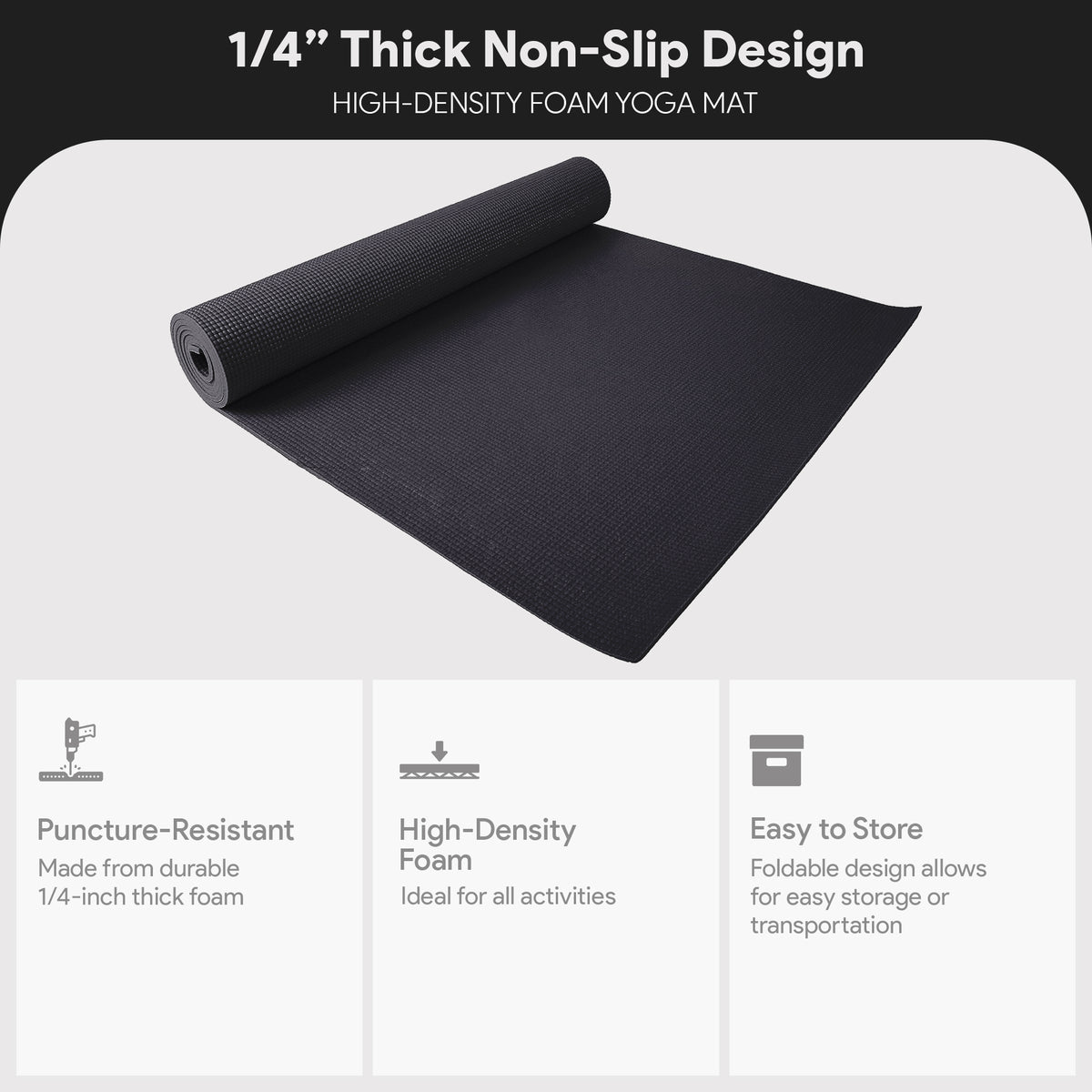 Fitvids 1/4” High Density Thick Non Slip Yoga Mat & Carry Strap, Black (Used)