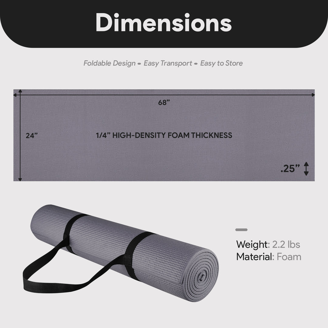 Fitvids 1/4” High Density Thick Non Slip Workout Yoga Mat and Carry Strap, Grey