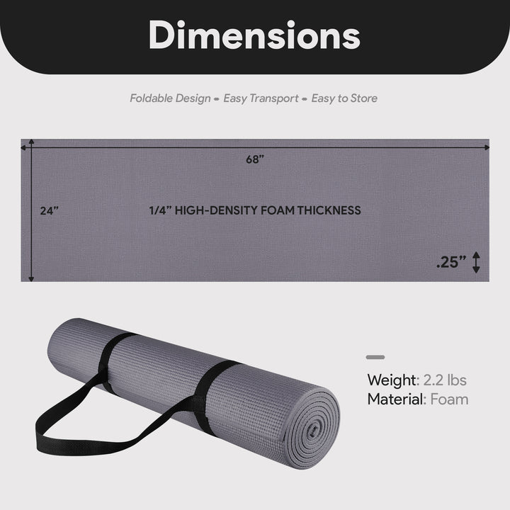 Fitvids 1/4” High Density Thick Non Slip Workout Yoga Mat and Carry Strap, Grey