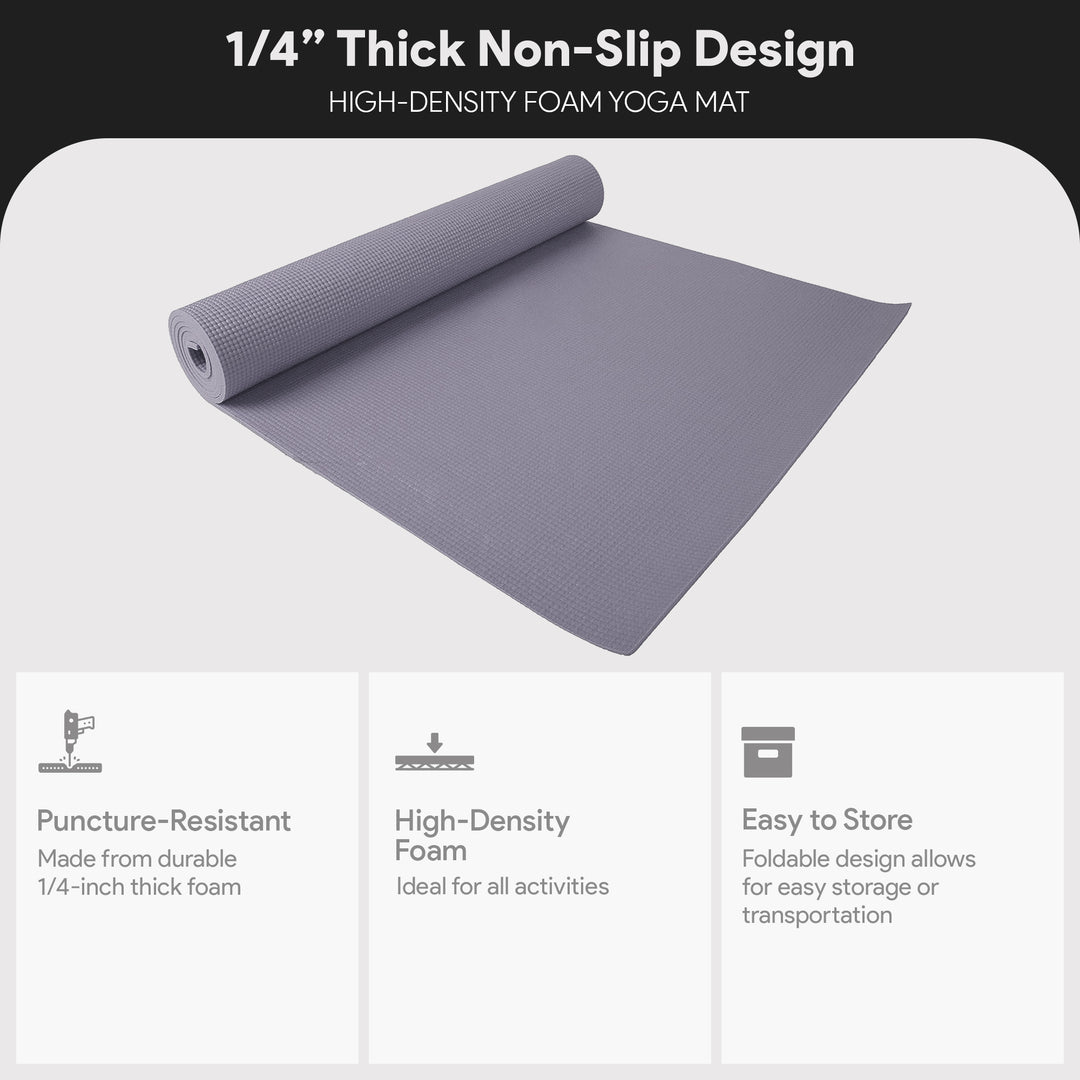 Fitvids 1/4” High Density Thick Non Slip Workout Yoga Mat and Carry Strap, Grey