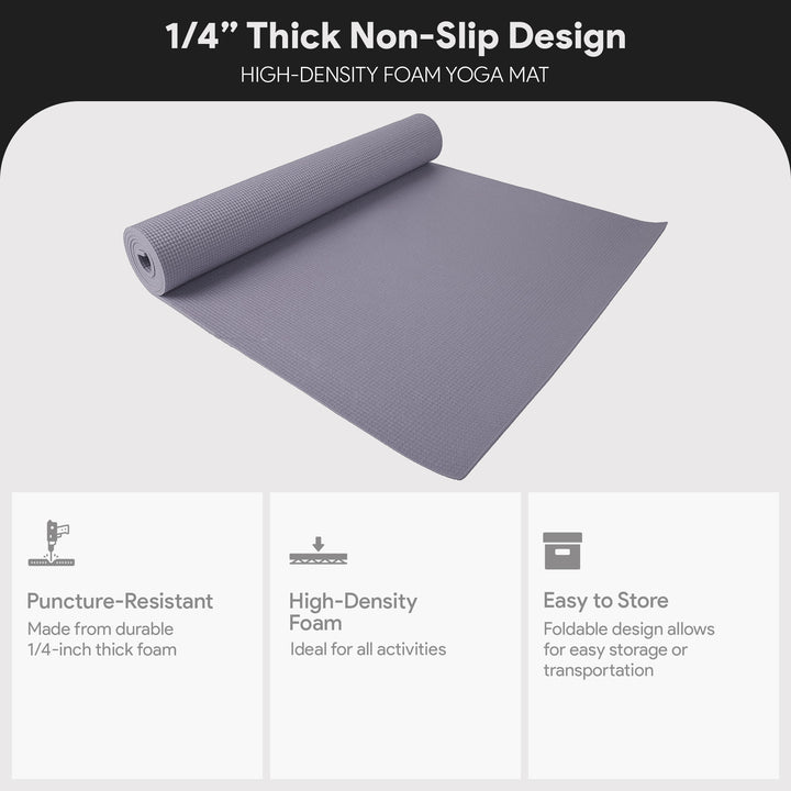 Fitvids 1/4” High Density Thick Non Slip Workout Yoga Mat and Carry Strap, Grey
