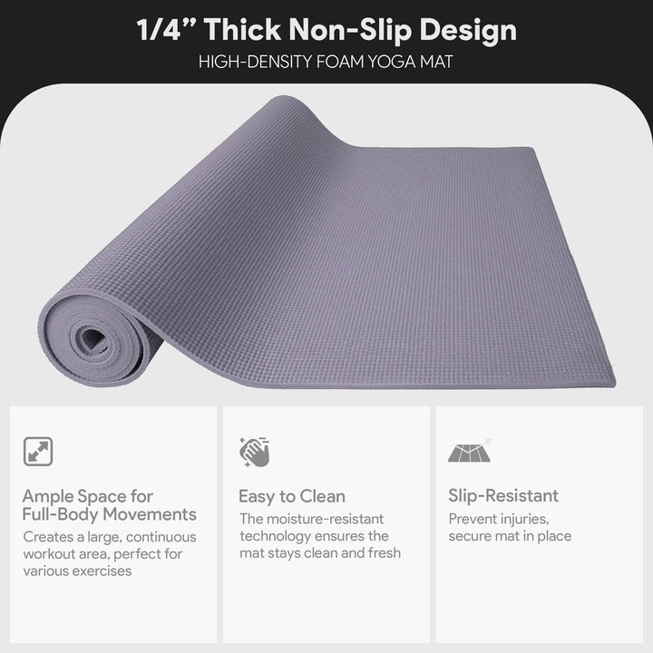 Fitvids 1/4” High Density Thick Non Slip Workout Yoga Mat and Carry Strap, Grey