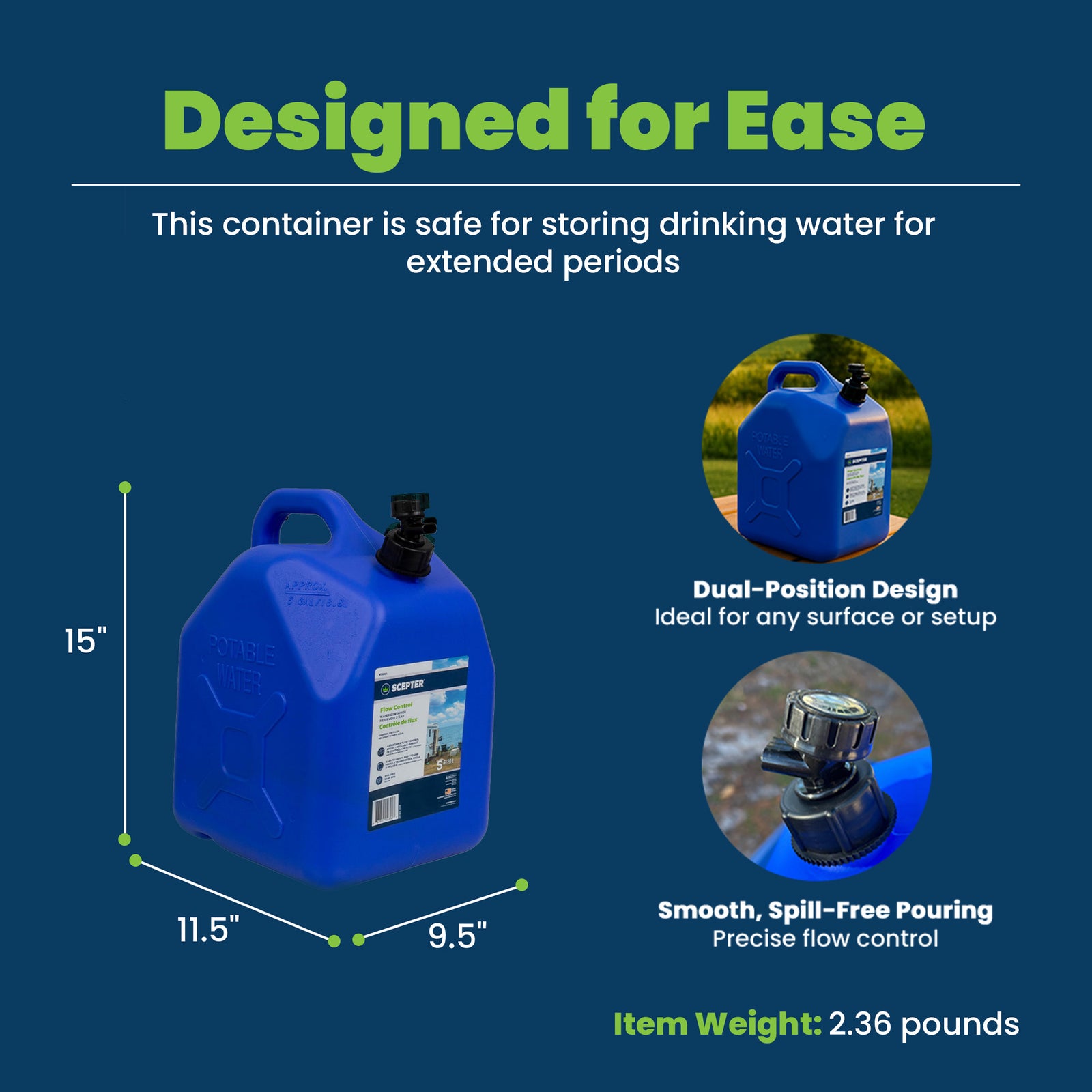 Scepter 5 Gallon Leak Proof Water Jug Storage Container & Handle, Spigot, 4 Pack - VMInnovations