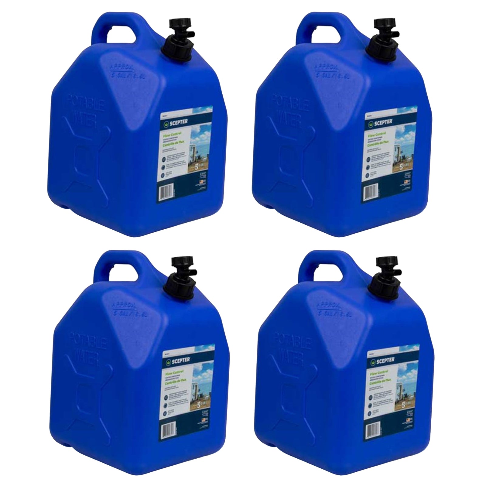 Scepter 5 Gallon Leak Proof Water Jug Storage Container & Handle, Spigot, 4 Pack - VMInnovations