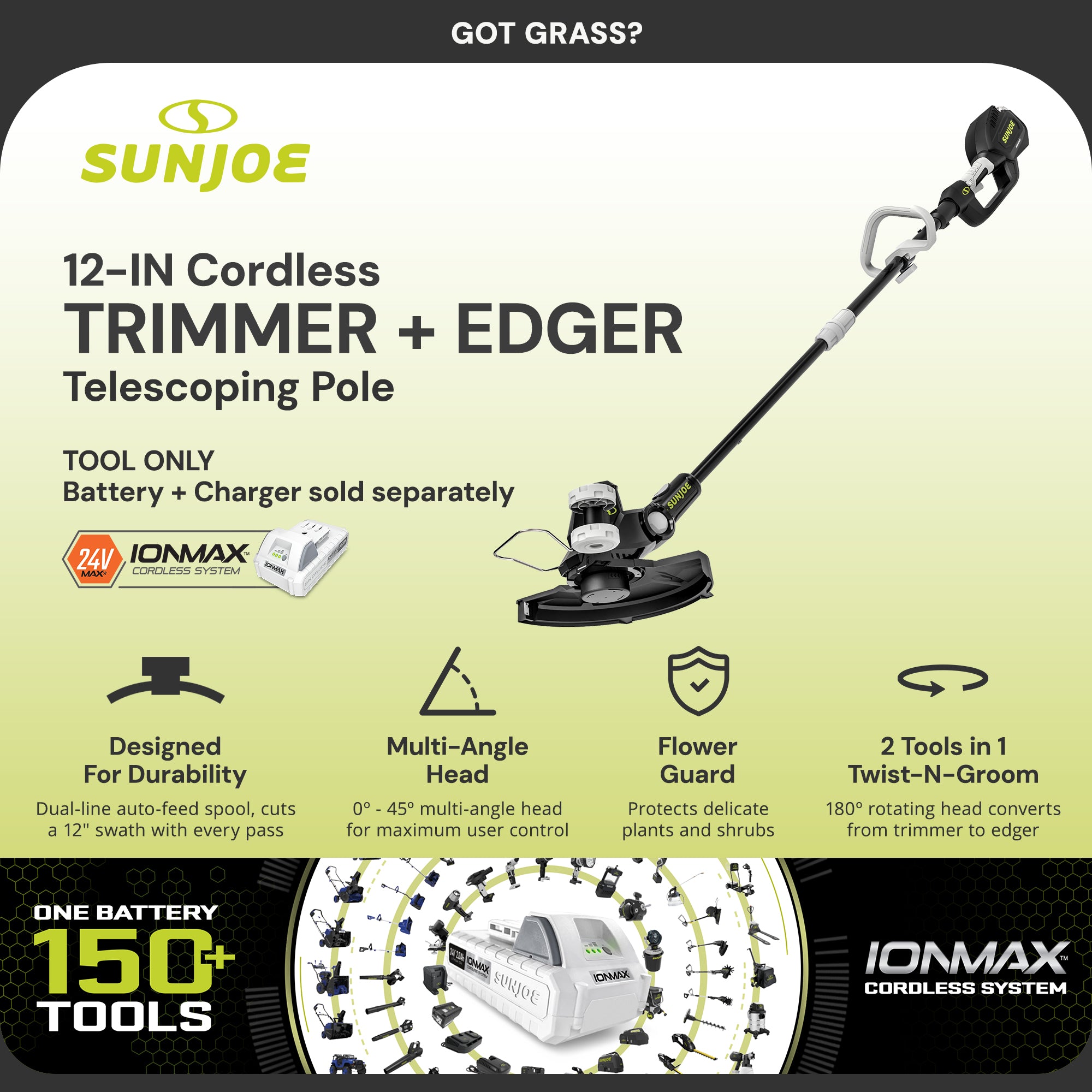 Sun Joe 24-V 12" Multi-Angle Head Cordless Dual Line String Trimmer (Open Box)