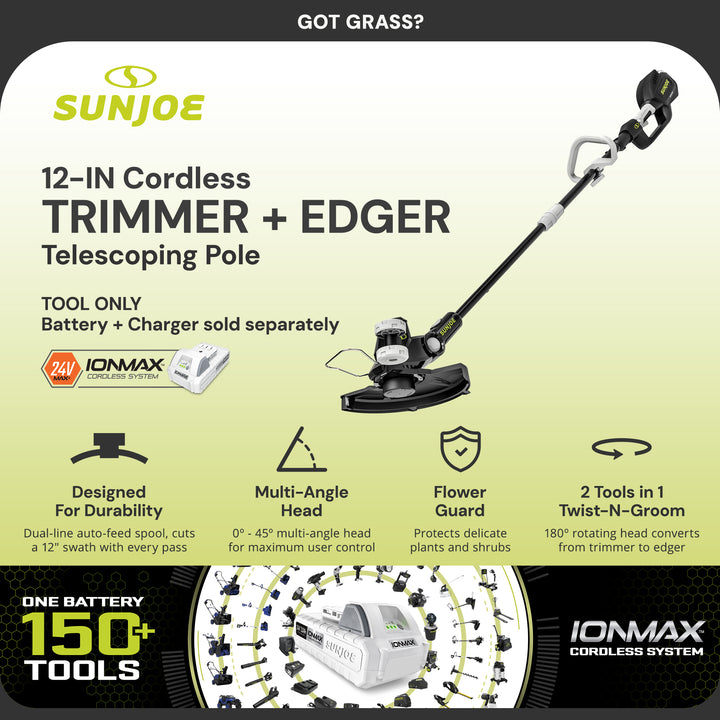 Sun Joe 24V 12" Multi-Angle Head Cordless Dual Line String Trimmer, 24V-ST14-CT