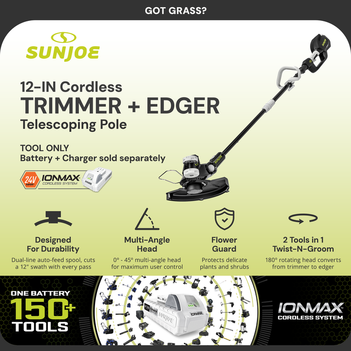 Sun Joe 24V 12" Multi-Angle Head Cordless Dual Line String Trimmer, 24V-ST14-CT