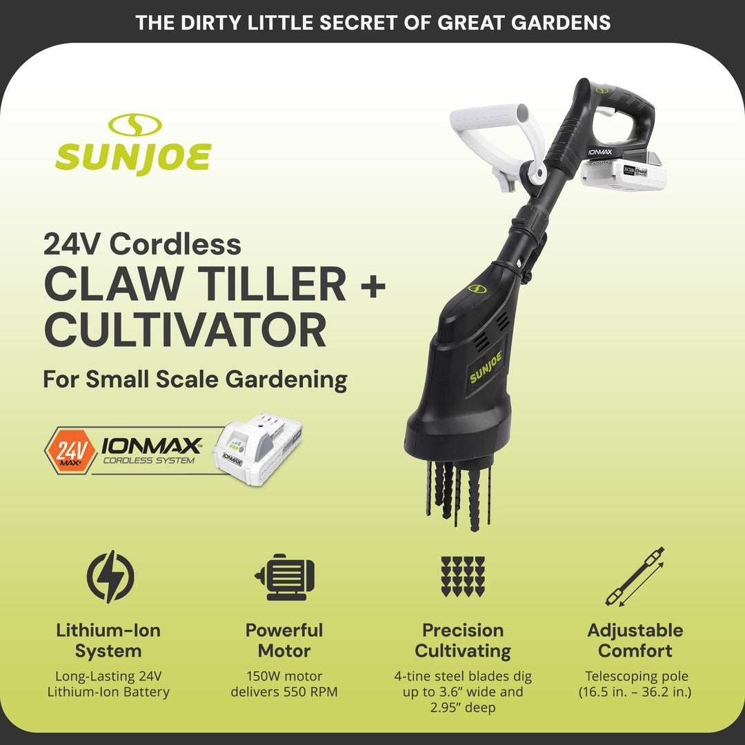 Sun Joe 24V Claw Tiller and Cultivator for Small Scale Gardening, 24V-CTLR-LTE