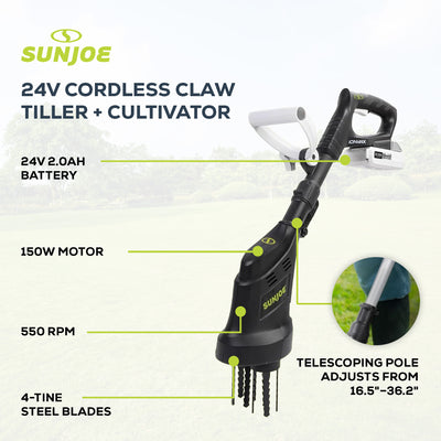 Sun Joe 24V Claw Tiller and Cultivator for Small Scale Gardening, 24V-CTLR-LTE