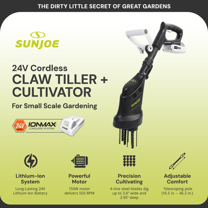 Sun Joe 24V Claw Tiller and Cultivator for Small Scale Gardening, 24V-CTLR-LTE