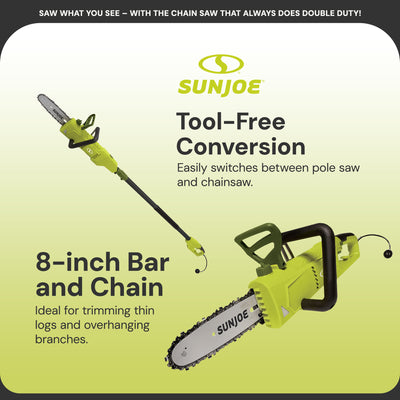 Sun Joe 8" Electric Convertible Pole Chain Saw, 2-in-1 Cutting Tool(Open Box)
