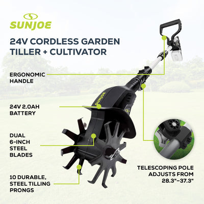 Sun Joe 24V Cordless Garden Tiller Cultivator Accessory Kit, Black, 24V-TLR-LTE