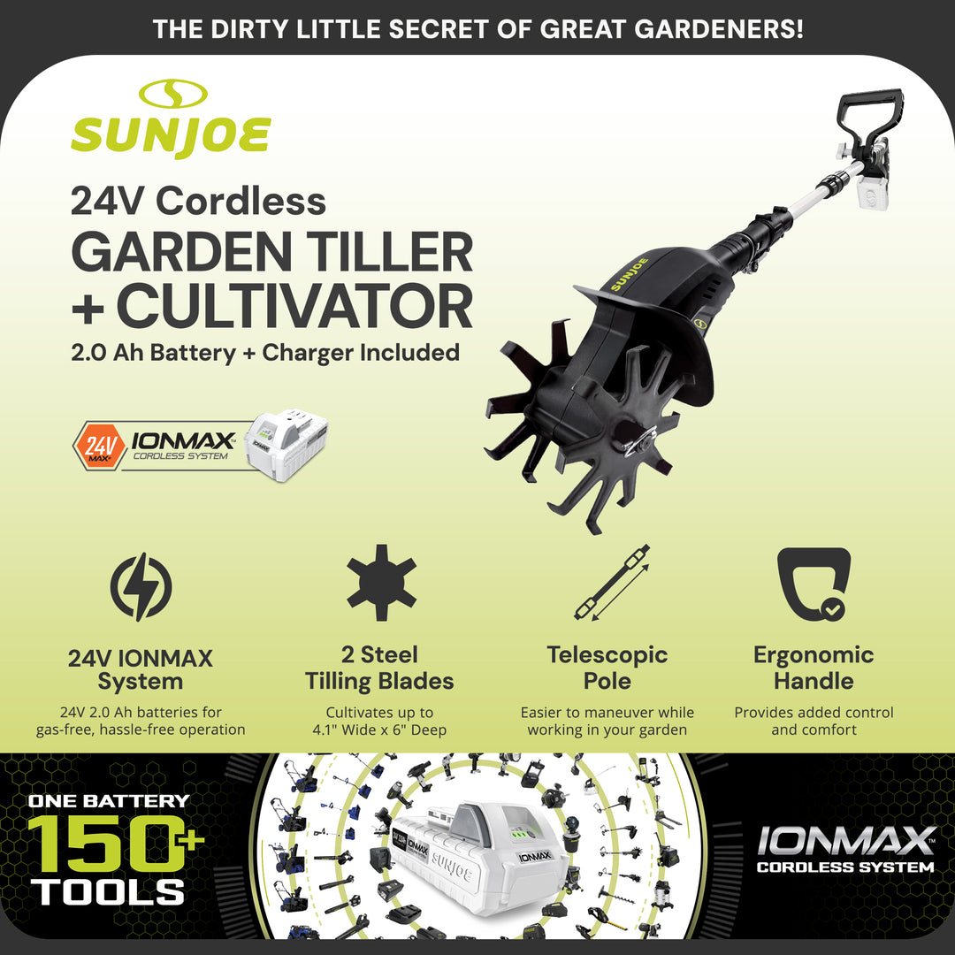 Sun Joe 24V Cordless Garden Tiller Cultivator Accessory Kit, Black, 24V-TLR-LTE