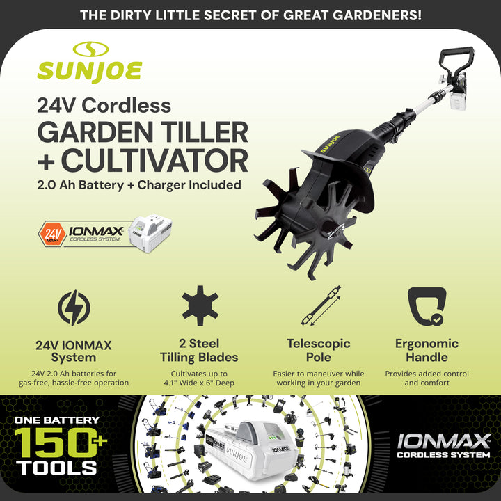 Sun Joe 24V Cordless Garden Tiller Cultivator Accessory Kit, Black, 24V-TLR-LTE