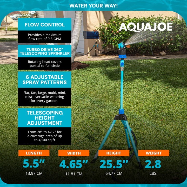 Aqua Joe Adjusting Tripod Sprinkler Mister, 6 Pattern, Telescoping, AJ-6PSTB-MAX