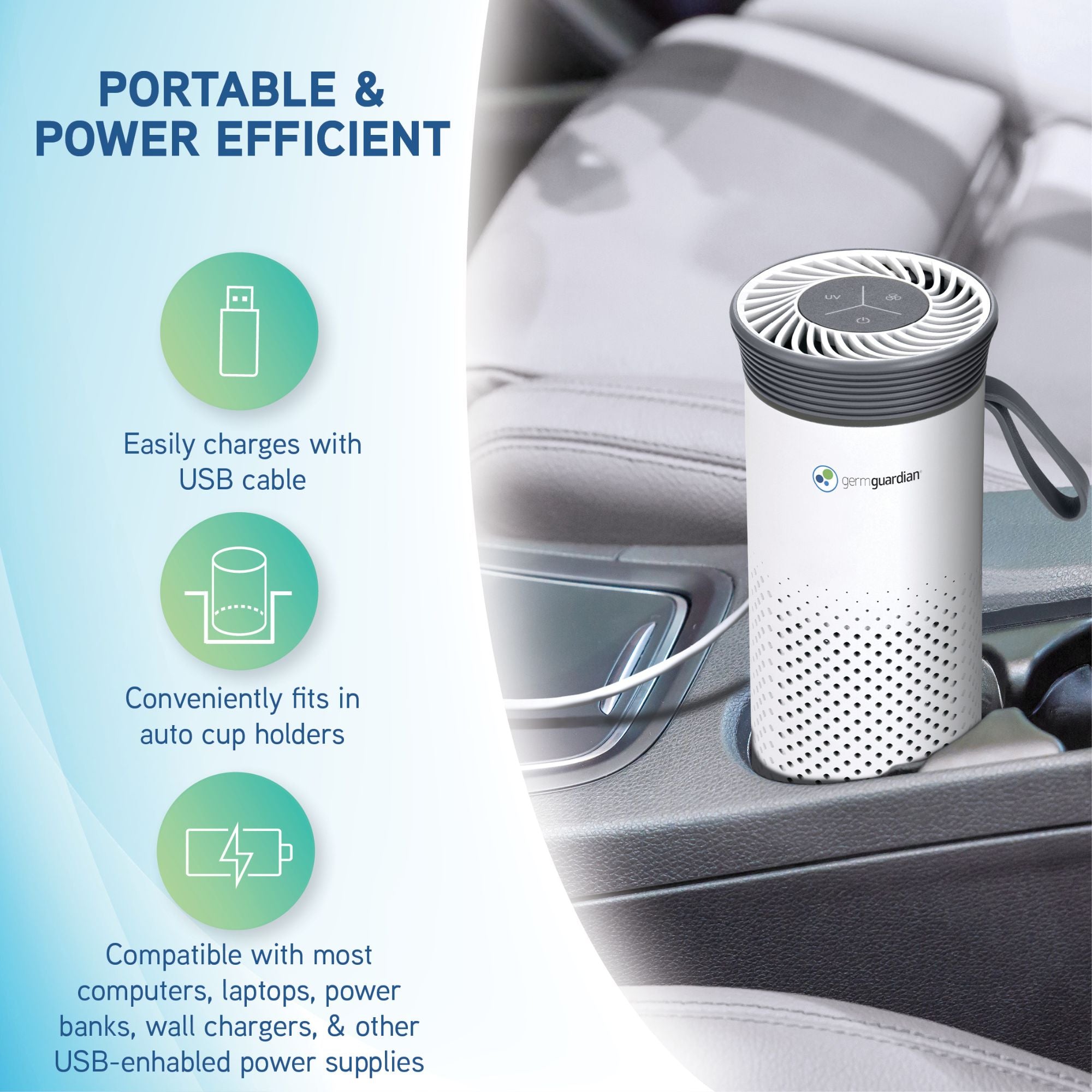 GermGuardian Portable Air Purifier for Small Spaces, USB Cable, 7” White, AC085 - VMInnovations