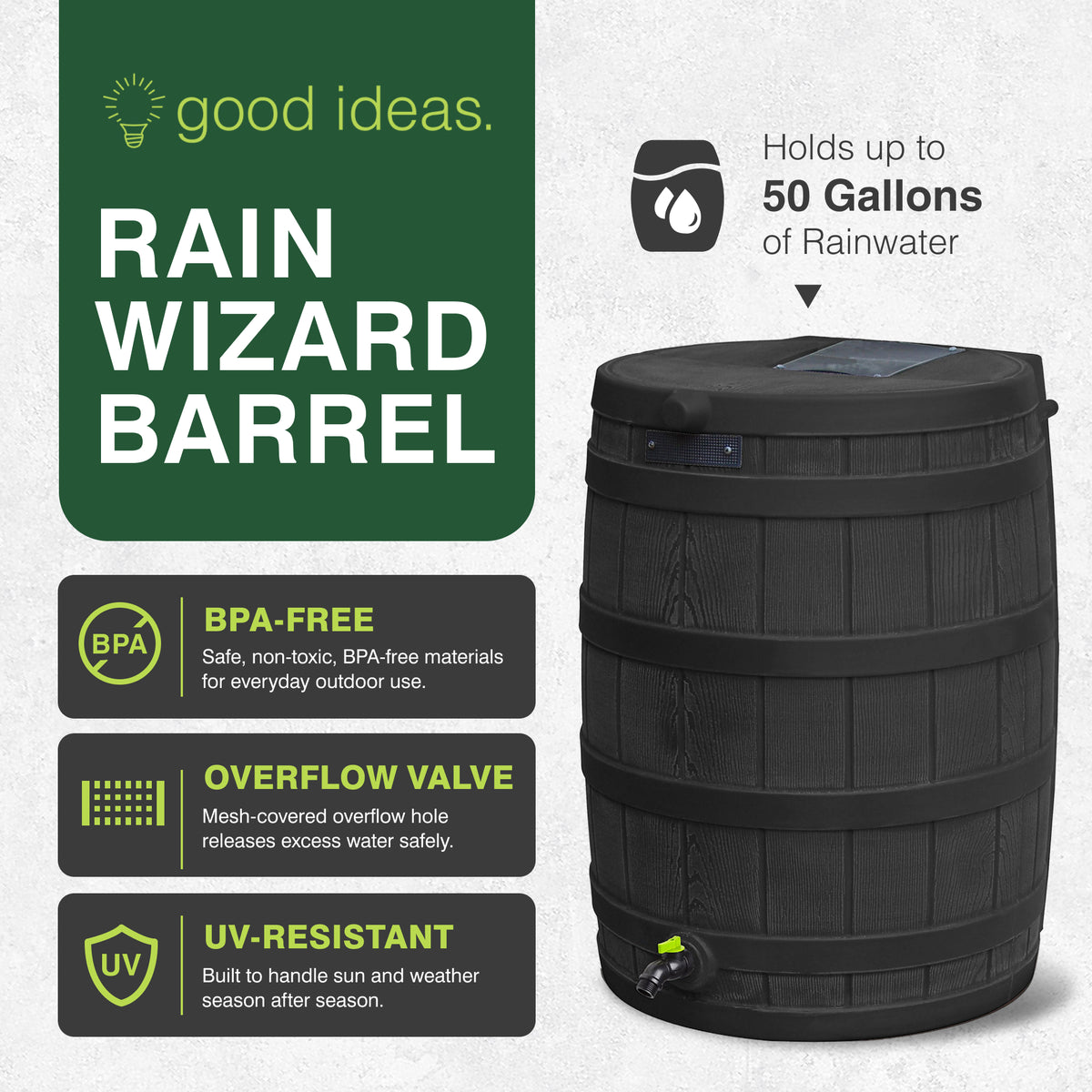 Good Ideas Rain Wizard Eco 50 Gal Rain Saver, Spigot, Recycled Materials, Black - VMInnovations