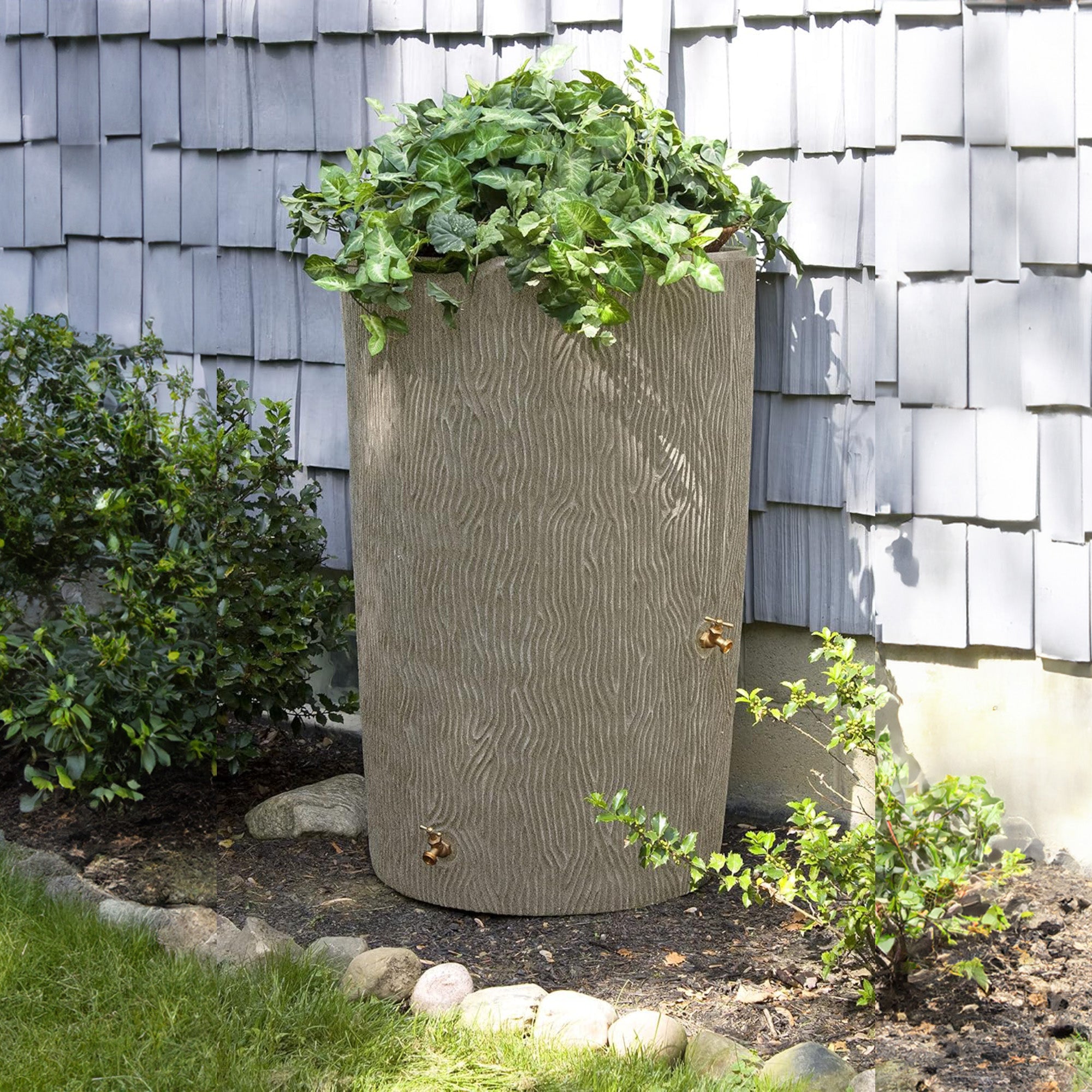 Good Ideas 90 Gal Bark Trunk Rain Saver Barrel, 2 Spigots, Sandstone (Open Box) - VMInnovations