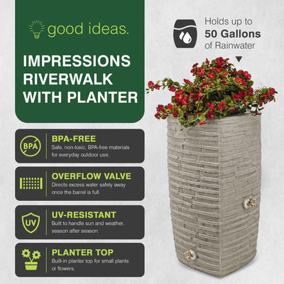 Good Ideas Impressions Riverwalk 50 Gallon Rain Saver with Spigots, Sandstone