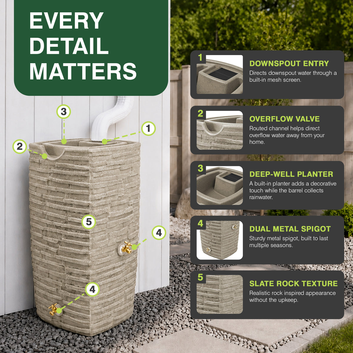 Good Ideas Impressions Riverwalk 50 Gallon Rain Saver with Spigots, Sandstone