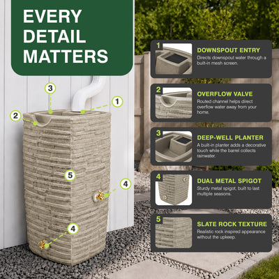 Good Ideas Impressions Riverwalk 50 Gallon Rain Saver with Spigots, Sandstone