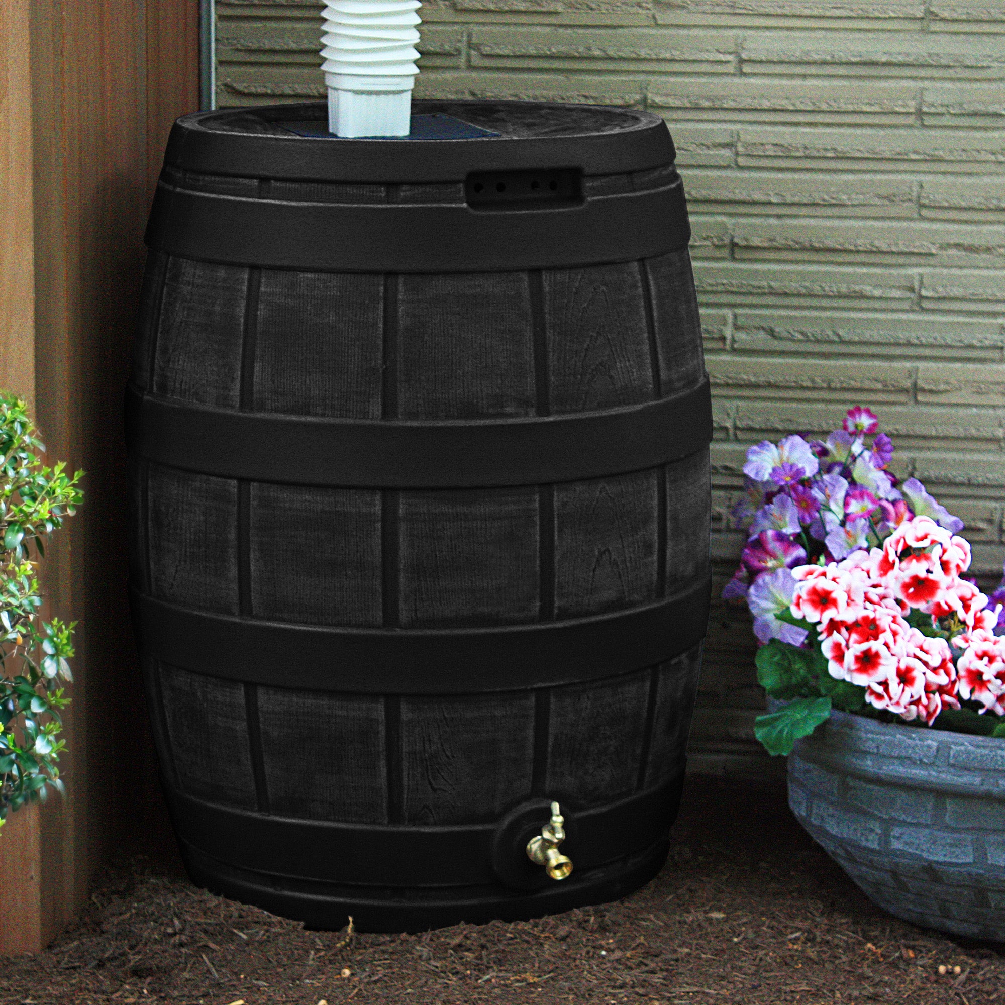 Good Ideas Vault 50 Gallon Plastic Rain Barrel Bundled with 50 Gal Stand, Black - VMInnovations